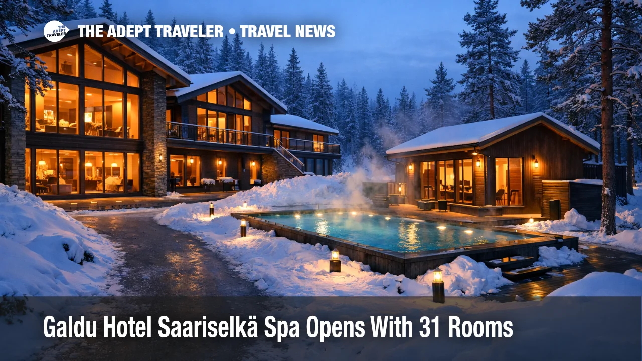 Galdu Hotel Saariselkä opening, forest spa hotel glow in winter with outdoor hot pool near Urho Kekkonen park