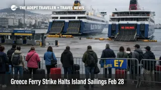 Port of Piraeus travelers wait as Greece ferry strike Feb 28 cancels island sailings nationwide