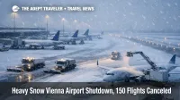 Heavy snow Vienna Airport shutdown scene with snowplows and parked jets, signaling cancellations and reroute pressure on February 20