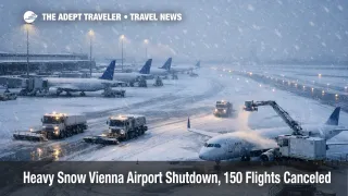 Heavy snow Vienna Airport shutdown scene with snowplows and parked jets, signaling cancellations and reroute pressure on February 20