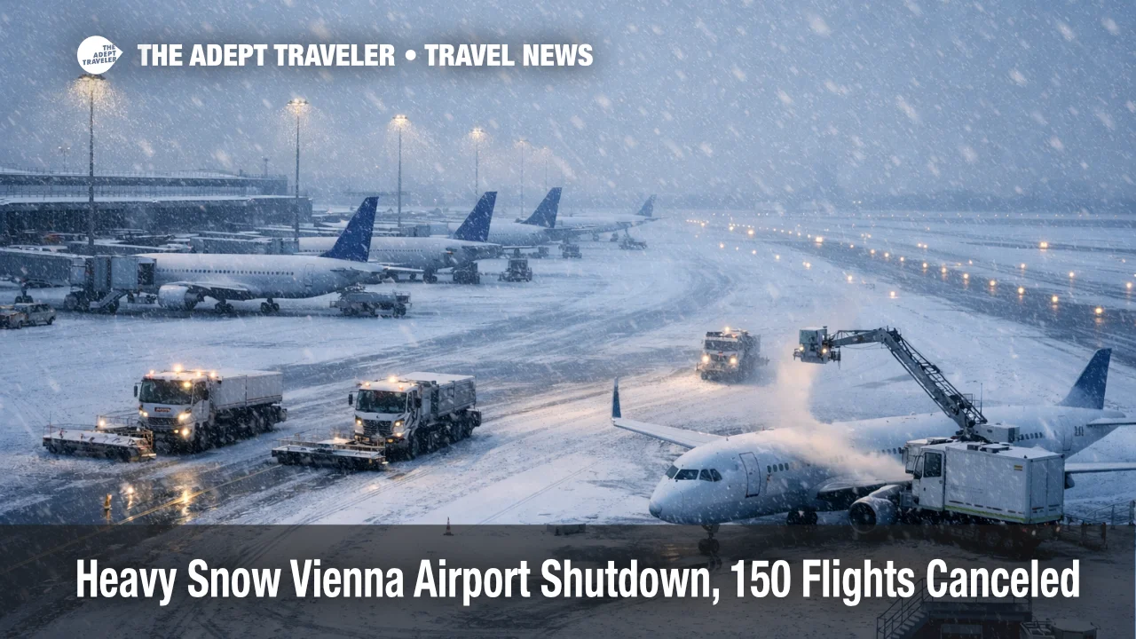 Heavy snow Vienna Airport shutdown scene with snowplows and parked jets, signaling cancellations and reroute pressure on February 20