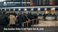 Italy aviation strike Feb 26 at Rome Fiumicino shows closed check in counters, delays, and long queues