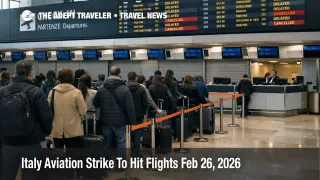 Italy aviation strike Feb 26 at Rome Fiumicino shows closed check in counters, delays, and long queues
