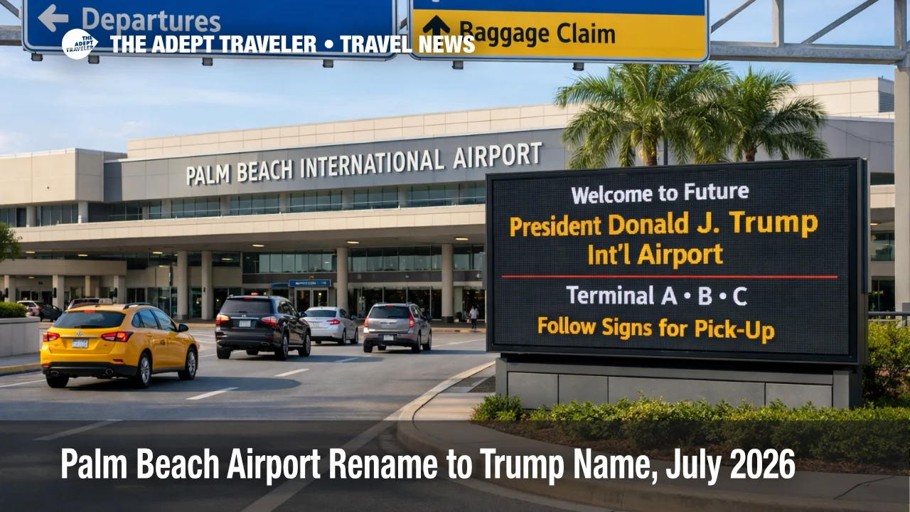 Palm Beach Airport Rename story, curbside signs at PBI as travelers verify terminal pickup details during a name change