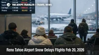 Reno Tahoe airport snow delays shown on a departures board as snow falls outside the terminal windows at RNO