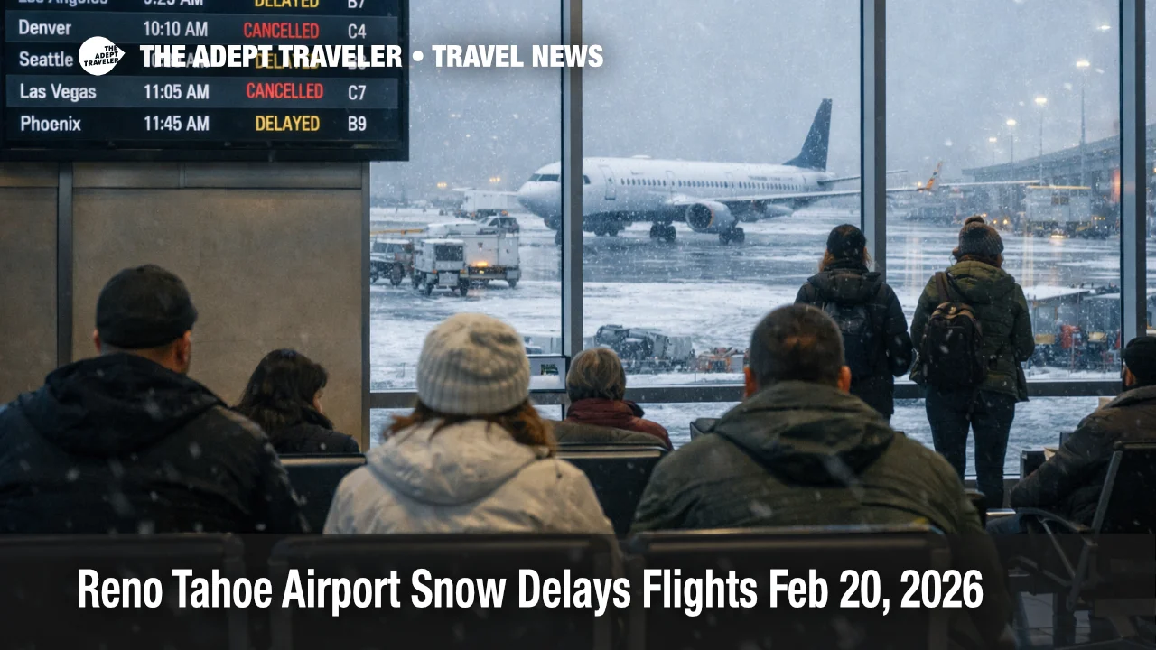 Reno Tahoe airport snow delays shown on a departures board as snow falls outside the terminal windows at RNO