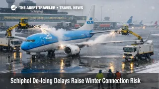 Schiphol de icing delays show a KLM jet on a snowy ramp, signaling higher winter connection risk at AMS