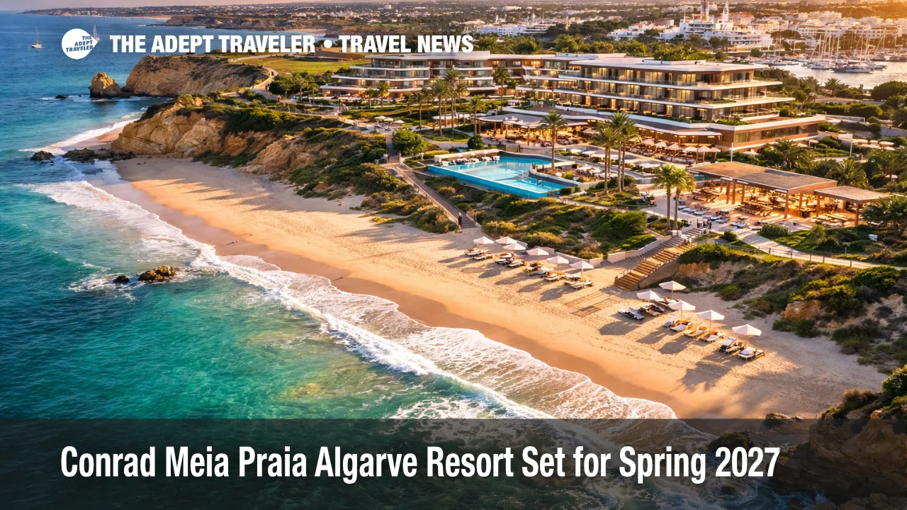 Conrad Meia Praia Algarve resort site above Meia Praia beach near Lagos, previewing the spring 2027 opening