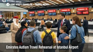Emirates travel rehearsal Istanbul at İstanbul Airport shows a calm check in practice run for families before flying