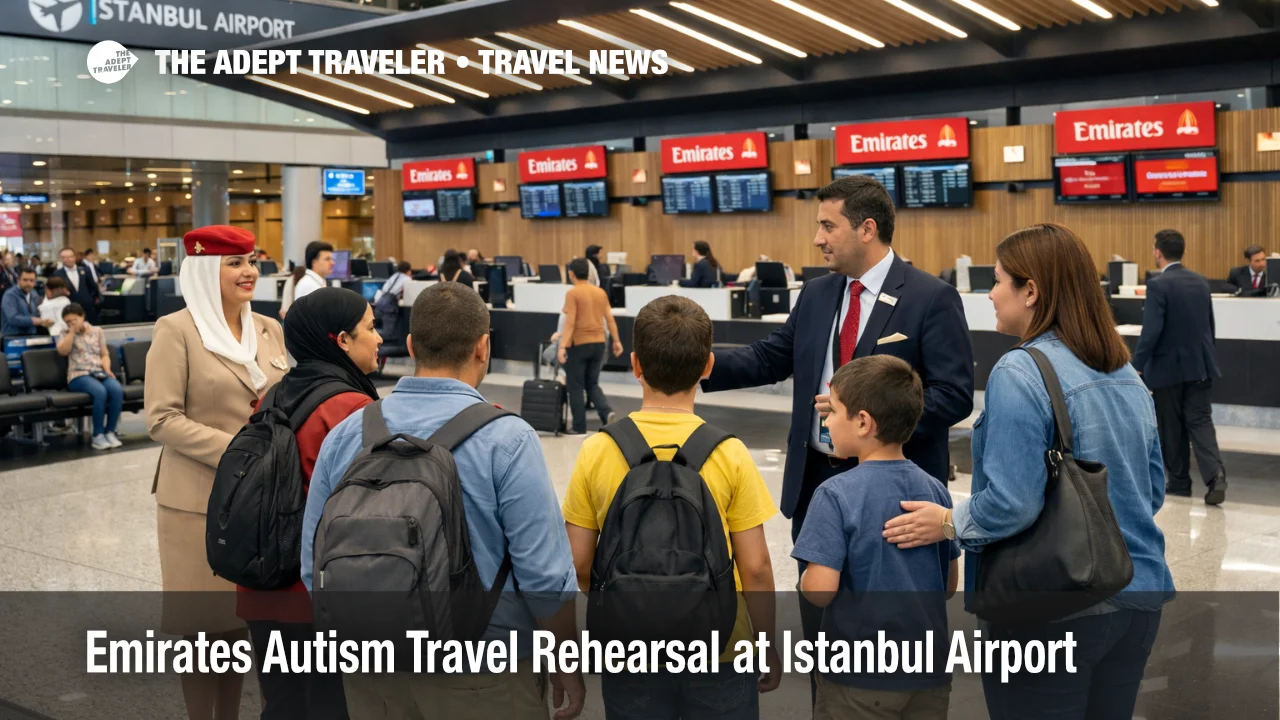 Emirates travel rehearsal Istanbul at İstanbul Airport shows a calm check in practice run for families before flying
