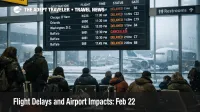 Feb 22 flight delays show on JFK departures board as snow and low ceilings squeeze Northeast connections