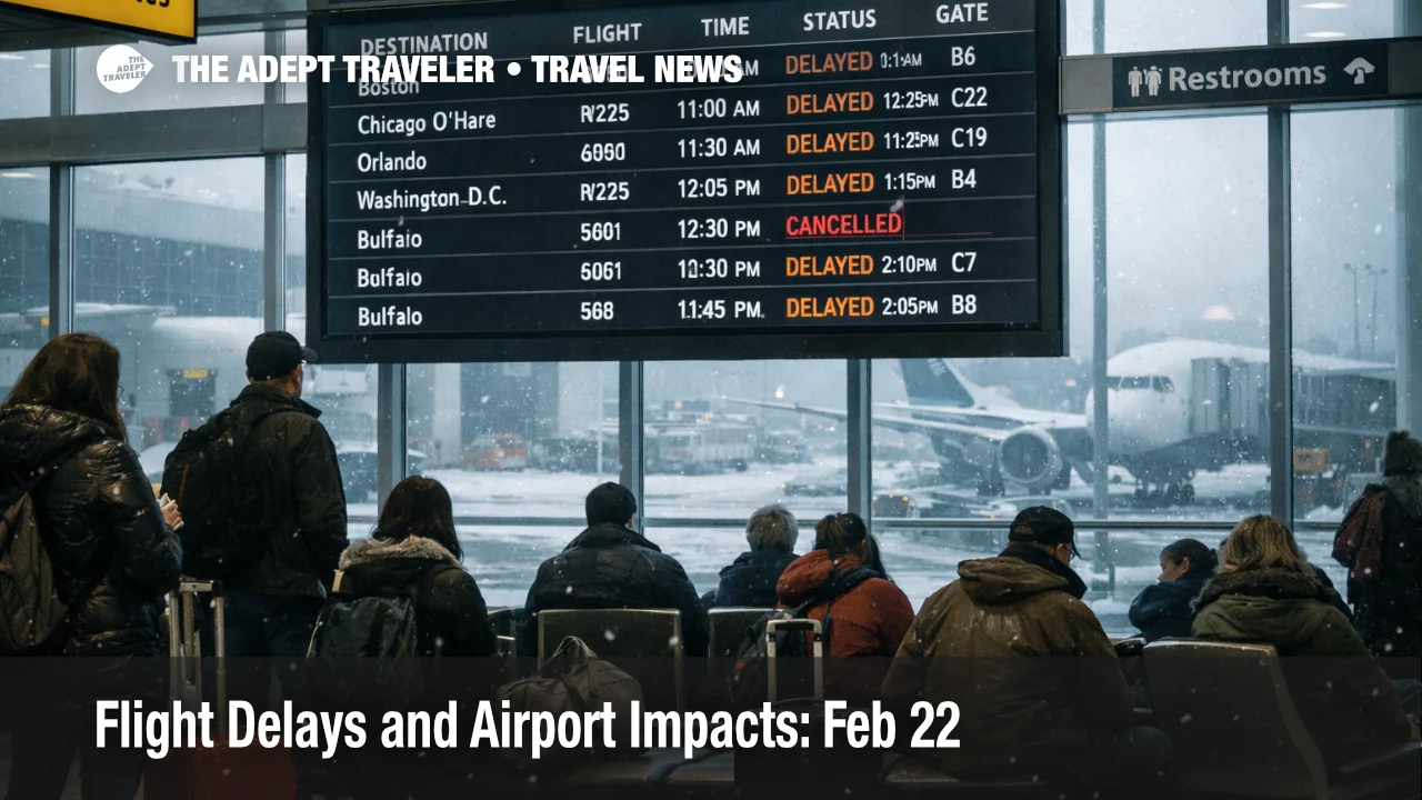 Feb 22 flight delays show on JFK departures board as snow and low ceilings squeeze Northeast connections