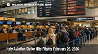 Italy aviation strike February 26 shows long queues at Rome Fiumicino departures as flights cancel