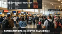 Nairobi airport strike recovery at JKIA shows queues and delayed flights on a departures board in Nairobi