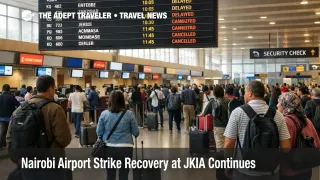 Nairobi airport strike recovery at JKIA shows queues and delayed flights on a departures board in Nairobi