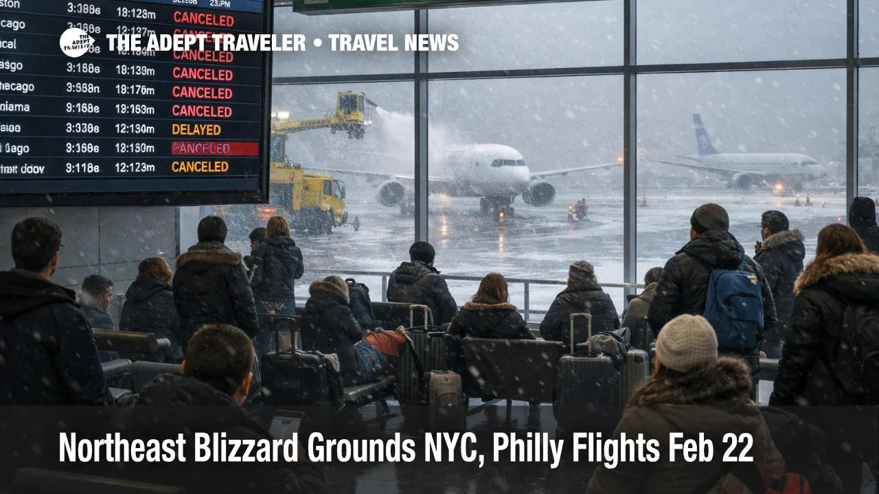 Northeast blizzard flight cancellations show on a JFK departures board as travelers face widespread rebooking