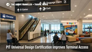 PIT universal design certification reflected in clear signage and barrier free paths inside Pittsburgh International Airport