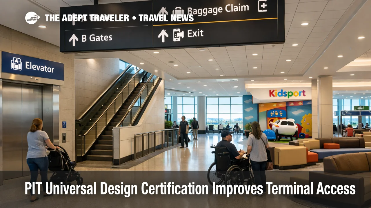 PIT universal design certification reflected in clear signage and barrier free paths inside Pittsburgh International Airport