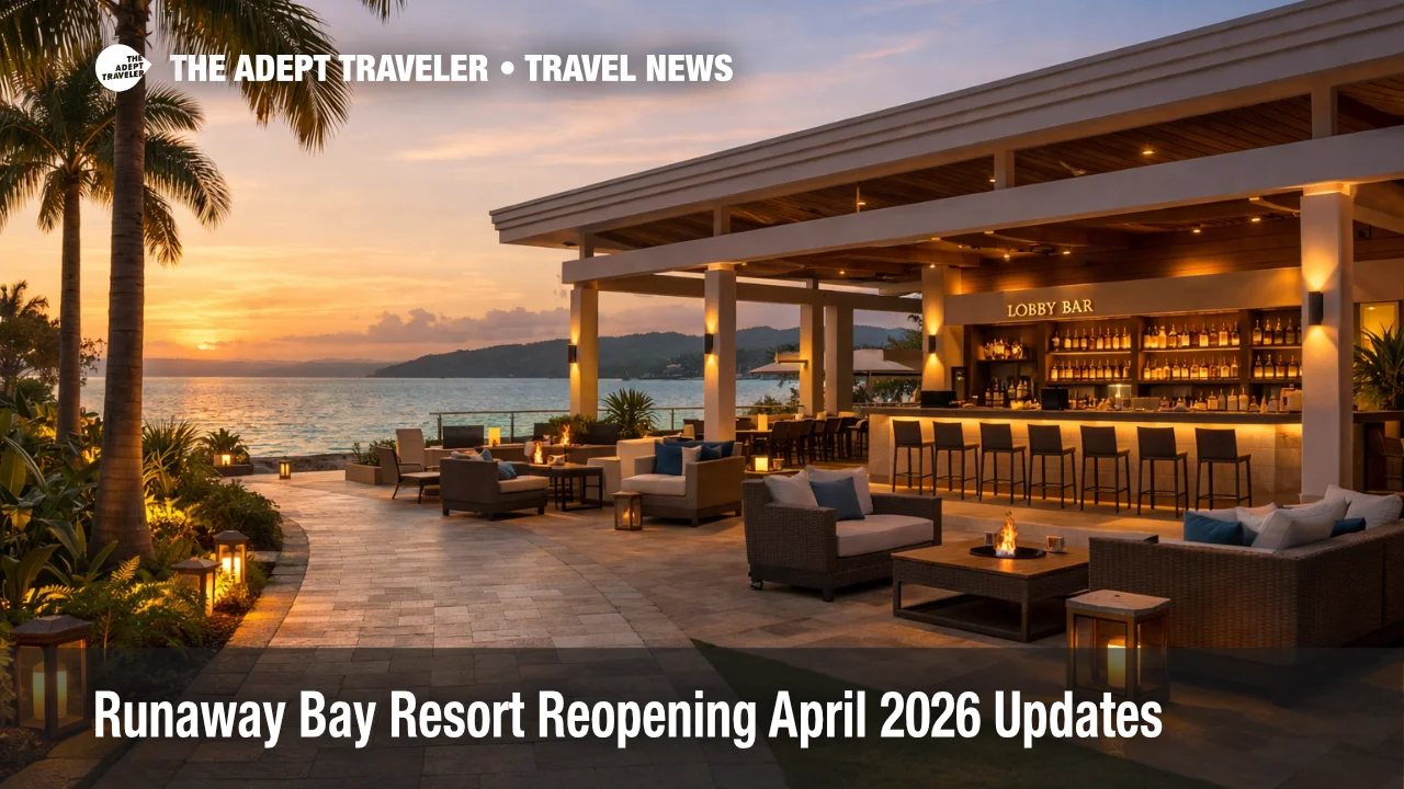 Runaway Bay resort reopening scene shows renovated lobby terrace at a Jamaica all inclusive ahead of April 1, 2026