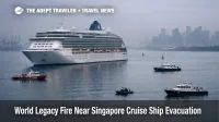 World Legacy cruise ship fire off Singapore, ship at anchor with response boats after Deck 9 lounge incident