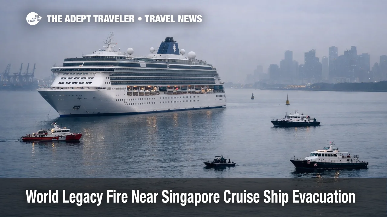 World Legacy cruise ship fire off Singapore, ship at anchor with response boats after Deck 9 lounge incident
