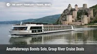 AmaWaterways solo and group promotions illustrated by a Danube river cruise ship underway near Golubac, Serbia