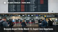 Brussels Airport strike March 12 shows canceled BRU departures on a terminal board as travelers wait to rebook