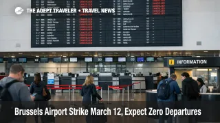 Brussels Airport strike March 12 shows canceled BRU departures on a terminal board as travelers wait to rebook