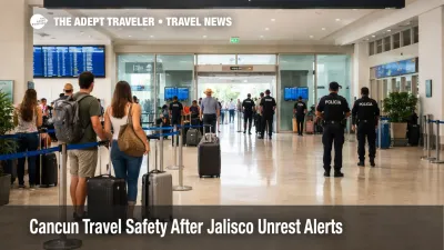 Cancun travel safety view at CUN arrivals, calm terminal queues and transport signage after Mexico security alerts
