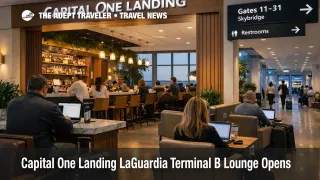 Capital One Landing LaGuardia lounge in Terminal B, as travelers use power seats before gates 11 through 31