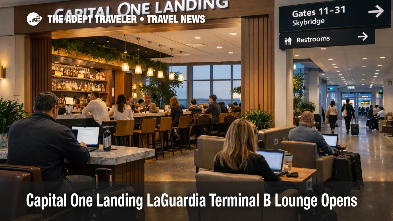 Capital One Landing LaGuardia lounge in Terminal B, as travelers use power seats before gates 11 through 31
