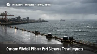 Cyclone Mitchell Pilbara port closures shown by an overcast Port Hedland harbor with empty berths and rough seas