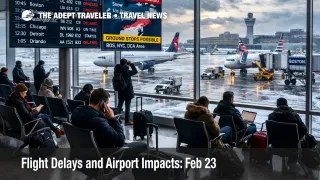 Feb 23 flight delays show on Boston Logan departures board as Winter Storm Hernando disrupts Northeast flights