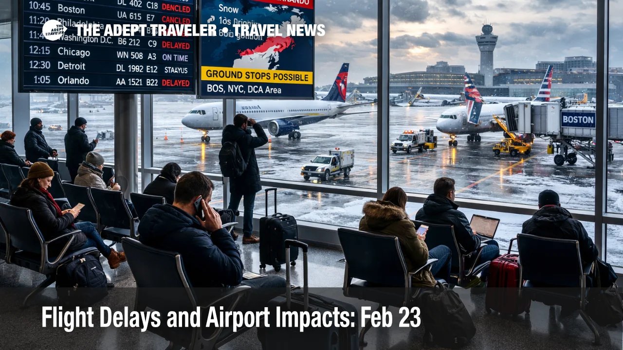 Feb 23 flight delays show on Boston Logan departures board as Winter Storm Hernando disrupts Northeast flights