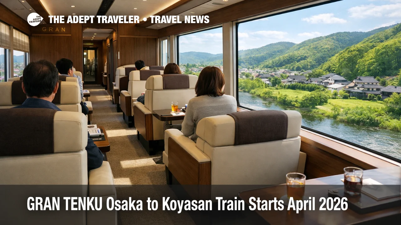 GRAN TENKU Osaka Koyasan train interior as reserved seats and views support timed transfers to Mount Koya