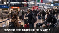 Italy aviation strike Feb 26, travelers watch delays and cancellations on departures board at Rome Fiumicino
