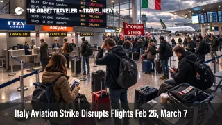 Italy aviation strike Feb 26, travelers watch delays and cancellations on departures board at Rome Fiumicino