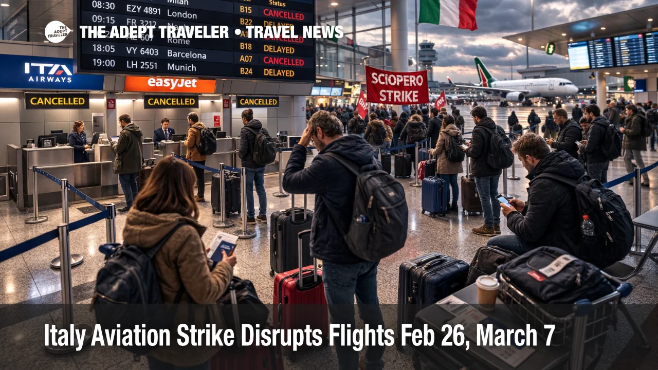 Italy aviation strike Feb 26, travelers watch delays and cancellations on departures board at Rome Fiumicino