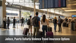 Traveler checks screens at PVR as Jalisco Puerto Vallarta travel insurance decisions hinge on canceled flights