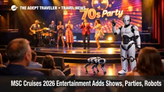 MSC Cruises entertainment 2026 in a ship theater with live music, game show staging, and a robotic dog pilot