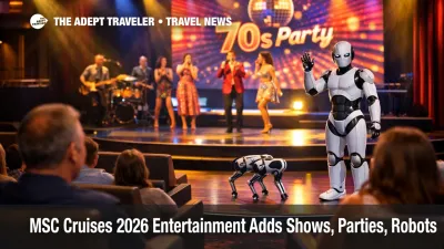 MSC Cruises entertainment 2026 in a ship theater with live music, game show staging, and a robotic dog pilot