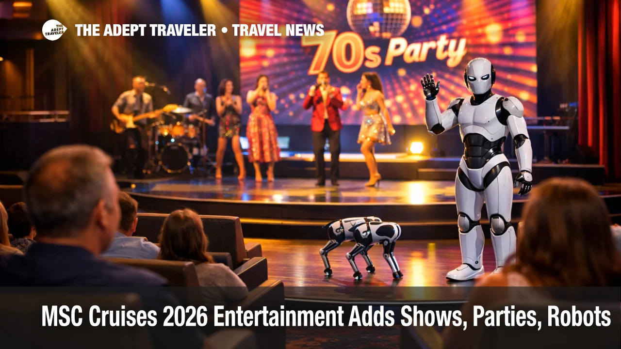 MSC Cruises entertainment 2026 in a ship theater with live music, game show staging, and a robotic dog pilot