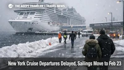 New York cruise departure delays shown by MSC Meraviglia docked in snowy Brooklyn as harbor traffic pauses