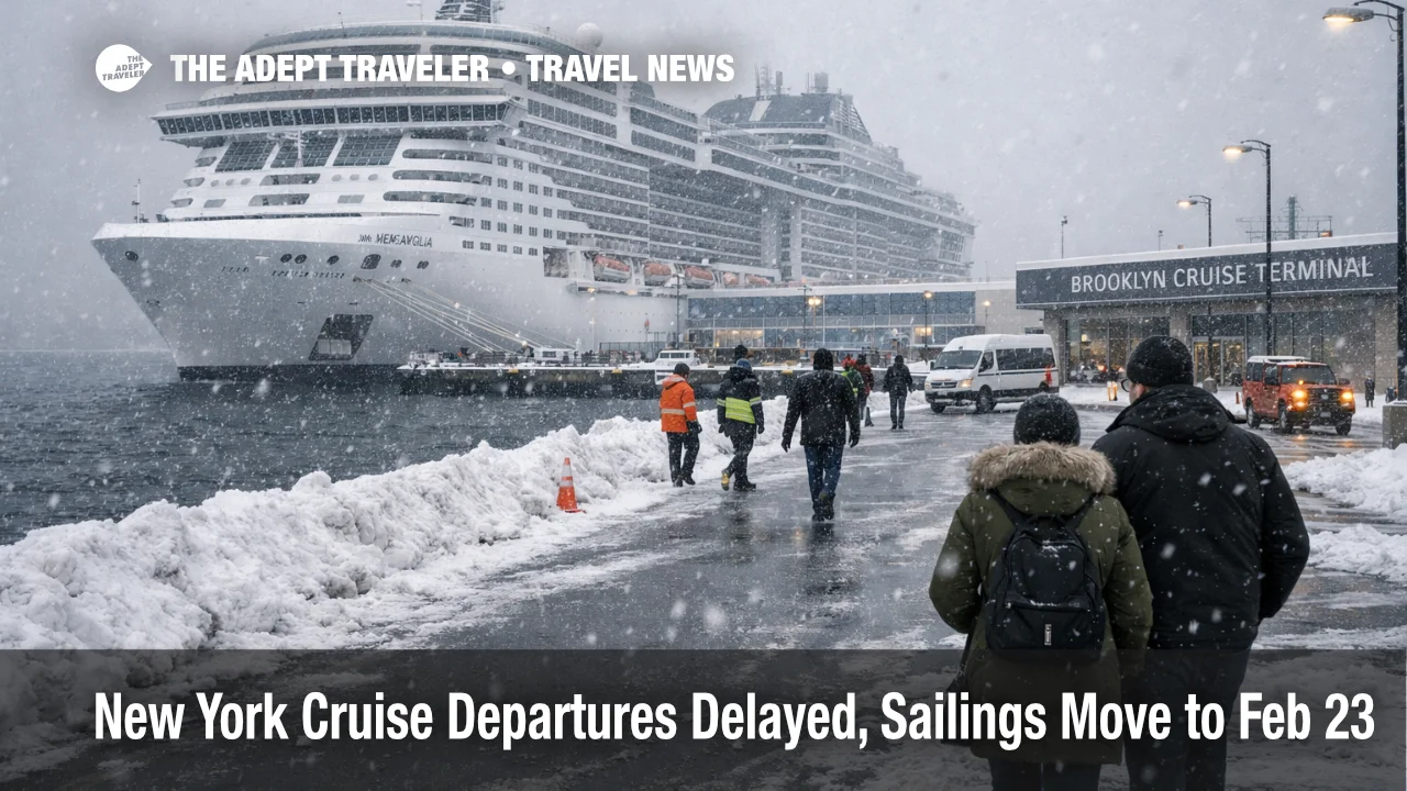 New York cruise departure delays shown by MSC Meraviglia docked in snowy Brooklyn as harbor traffic pauses