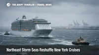 Cape Liberty cruise delays as a ship rides rough Northeast seas near New York Harbor under storm warnings