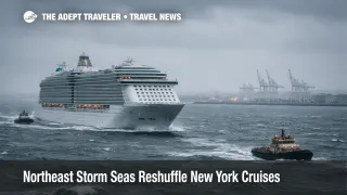 Cape Liberty cruise delays as a ship rides rough Northeast seas near New York Harbor under storm warnings