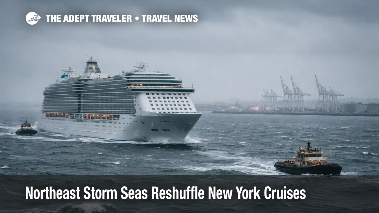 Cape Liberty cruise delays as a ship rides rough Northeast seas near New York Harbor under storm warnings