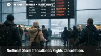 Northeast storm transatlantic flights cancellations show on JFK departures board as travelers rebook routes
