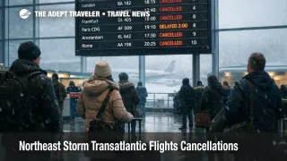 Northeast storm transatlantic flights cancellations show on JFK departures board as travelers rebook routes
