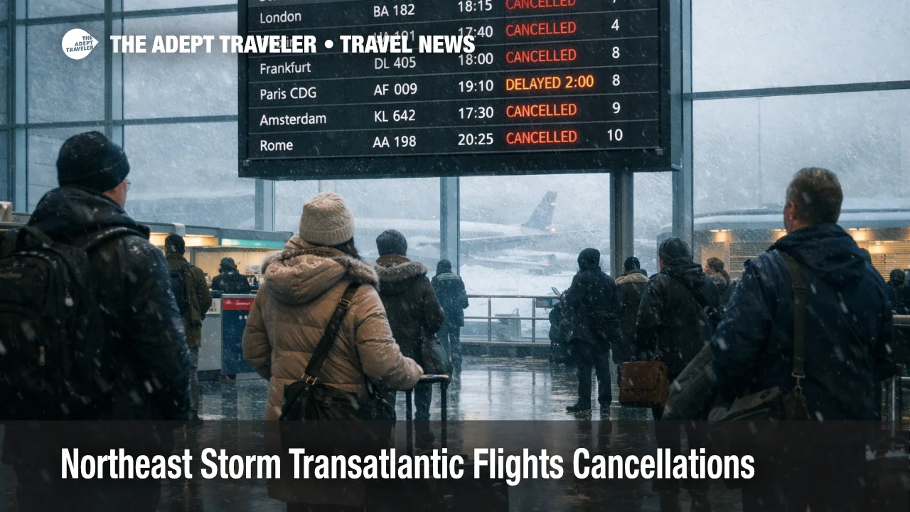 Northeast storm transatlantic flights cancellations show on JFK departures board as travelers rebook routes